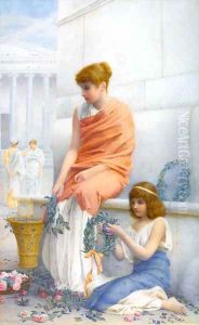 A Woman and Child Making Wreaths by Henry Ryland