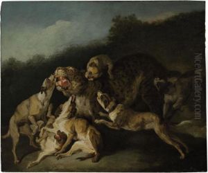 Hunting Scene With A Leopard And Six Dogs