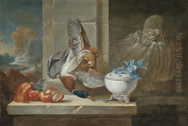 Dead Game And Pomegranates On A Ledge Beside A Fountain - view 1