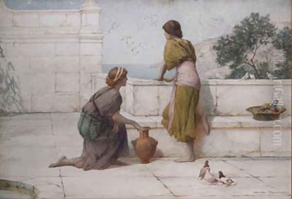 Young Girls On A Classical Terrace With A View Of The Sea Beyond - view 1