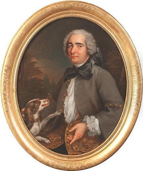 Portrait Of A Gentleman Half
Length, Wearing Agrey Coat And With His Dog Beside Him, A Landscape
Beyond - view 1