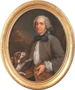 Portrait Of A Gentleman Half 
Length, Wearing Agrey Coat And With His Dog Beside Him, A Landscape 
Beyond