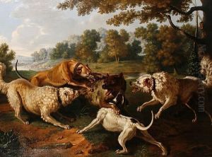 A Pack Of Dogs Attacking A Wolf