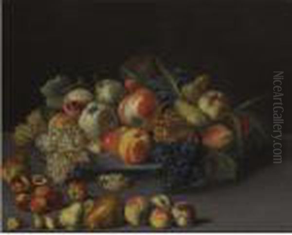 A Still Life With Apples,
Peaches, Pears, Grapes And Walnuts On A Plate Over A Table With Other
Fruits - view 1