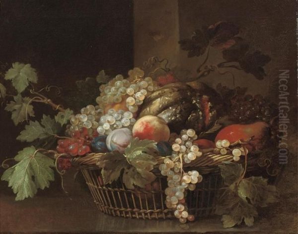 Peaches, Grapes, Plums, Pears And A Melon In A Wicker Basket - view 1