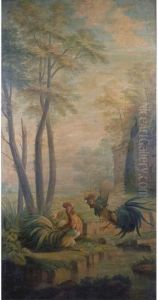 Two Fighting Cocks By A Pond In A Park Landscape by Jean-Baptiste Oudry