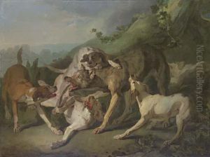 Dogs Attacking A Wolf In A Landscape by Jean-Baptiste Oudry