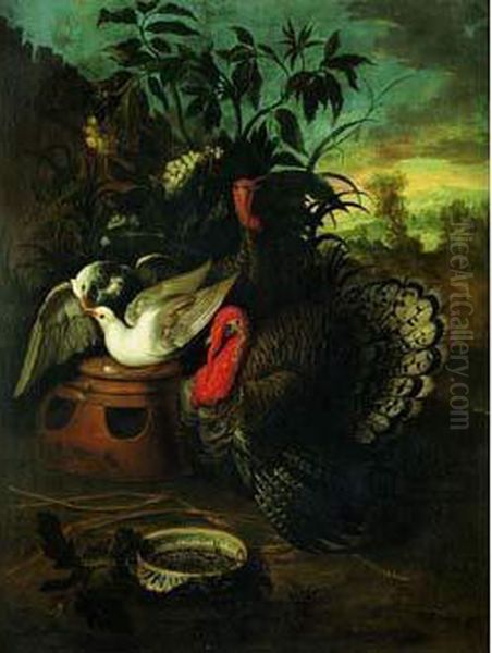 Scene De Basse-cour Avec Dindons Et Pigeons - view 1