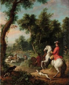 A Wooded Landscape With Three Gentleman On Horses Hunting Down A Stag With Their Dogs