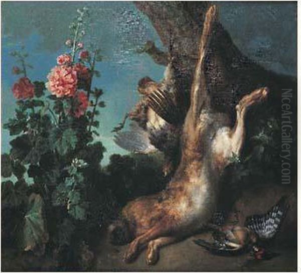 Nature Morte Au Lievre Et 
Perdreau Gris Attaches A Un Tronc D'arbre A Cote D'une Rose Tremiere - view 1
