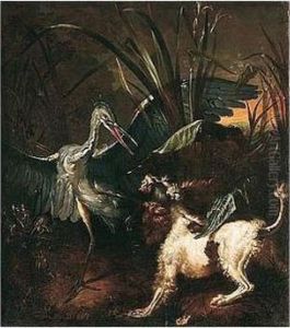 A Spaniel Attacking A Heron A Spaniel Attacking A Heron