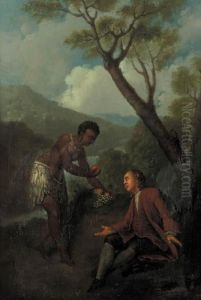 A Moor Servant Offering Fruit To A Gentleman Seated By A Tree In A Mountainous Landscape