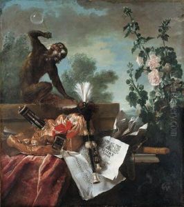 An Allegory Of Air: A Musical
Still Life With A Monkey Blowingbubbles, A Musette, A Flute And Musical
Scores. by Jean-Baptiste Oudry