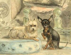 A smousje on a silk cushion and a black-and-tan fledermous-pincher at its side by Henriette Ronner-Knip