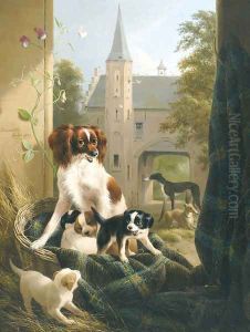 A mother and her litter in a castle court yard by Henriette Ronner-Knip