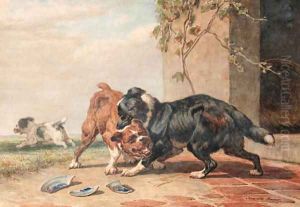 Twee honden vechten om een been, de derde loopt er mee heen by Henriette Ronner-Knip