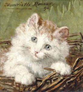 White kitten in a basket by Henriette Ronner-Knip
