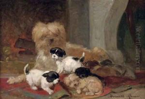 Playing in front of the fire by Henriette Ronner-Knip