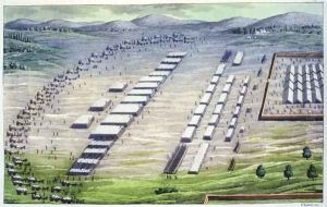 Roman camp in Celtic Germania, as described by Tacitus, from Le Costume Ancien et Moderne by Jules Ferrario, published c.1820s-30s by Vittorio Raineri