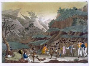 First Meeting of French Explorers with the Indigenous Peoples, Island of Ombay, plate 14 from Le Costume Ancien et Moderne by Jules Ferrario, published c.1820s-30s by Vittorio Raineri