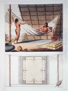 Domestic interior, Carib tribe, Dutch Antilles, plate 67 from Le Costume Ancien et Moderne by Jules Ferrario, published c.1820s-30s by Vittorio Raineri