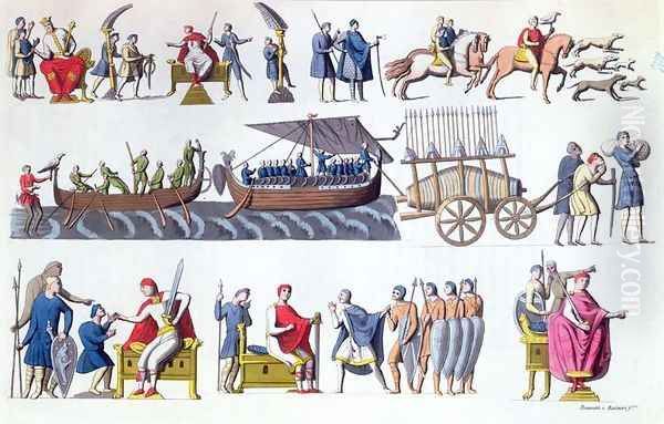 Harold II c.1022-66 leading his troops and other scenes from the Bayeux Tapestry, from Costumes Ancien et Moderne by Jules Ferrario, engraved by G. Bramatti, Milan, 1820 - view 1