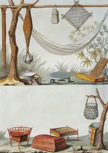 Domestic Tools and Furniture, Carib Tribe, Dutch Antilles, plate 69 from Le Costume Ancien et Moderne by Jules Ferrario, published c.1820s-30s by Vittorio Raineri