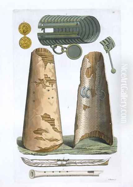 Viking artifacts from the museum at Elsevir, Denmark, from Le Costume Ancien et Moderne by Jules Ferrario, published c.1820s-30s - view 1