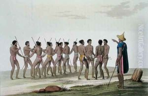 War Dance of the Caroline Islanders, plate 22 from Le Costume Ancien et Moderne by Jules Ferrario, published c.1820s-30s by Vittorio Raineri