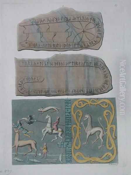 Carpet from Adeland and stones with runic inscriptions, from Le Costume Ancien et Moderne by Jules Ferrario, c.1820 - view 1