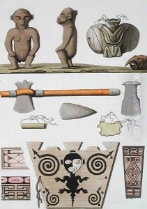 Idols and Ceremonial Weapons, Carib Tribe, Dutch Antilles, plate 70 from Le Costume Ancien et Moderne by Jules Ferrario, published c.1820s-30s