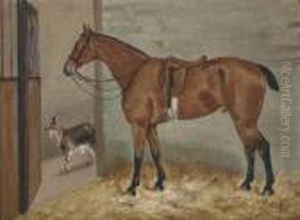 A Saddled Bay Hunter In A Stable With A Goat by George Paice