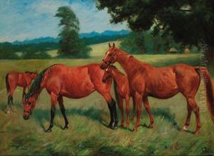 Brood Mares Amphinome And Miss Lettice With Their Foals In Anextensive Landscape by George Paice