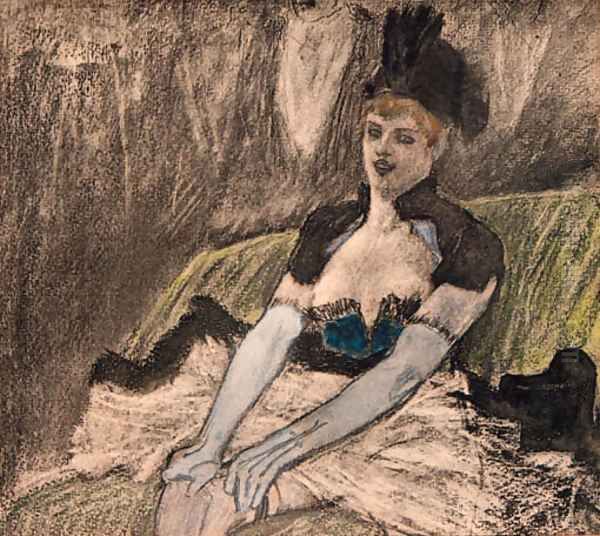 A Woman wearing a revealing Dress, seated in a Cafe - view 1