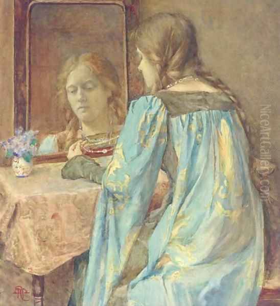 Lady in medieval dress at her toilette - view 1