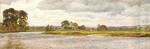 Figures on the banks of the Thames, an extensive landscape beyond by Henry Meynell Rheam