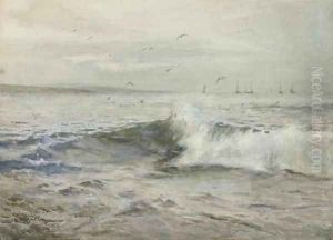 Gulls playing in the surf off the Cornish coast by Henry Meynell Rheam