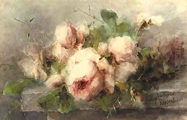 Pink roses on a ledge - view 1