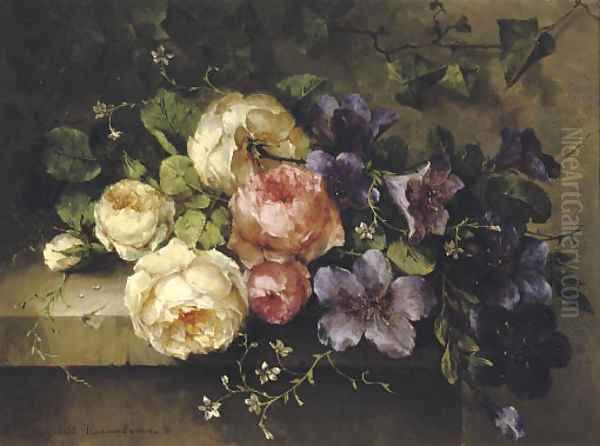 Bouquet de roses et de mauves sur une tablette a mixed bouquet on a ledge - view 1