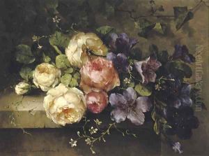 Bouquet de roses et de mauves sur une tablette a mixed bouquet on a ledge by Margaretha Roosenboom
