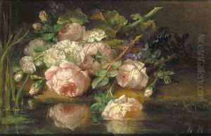 A bouquet of flowers at the water's edge by Margaretha Roosenboom