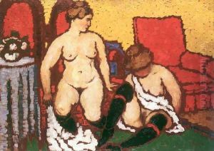 Girls Getting Dressed red furniture and yellow wall 1912-13 by Jozsef Rippl-Ronai