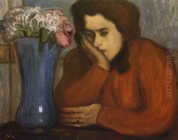 Pensive Woman with Vase of Flowers - view 1