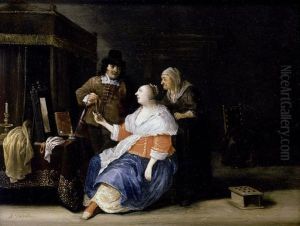 Interior With A Young Girl And A Gentleman Accompanied By An Older Lady by Antonie Palamedesz