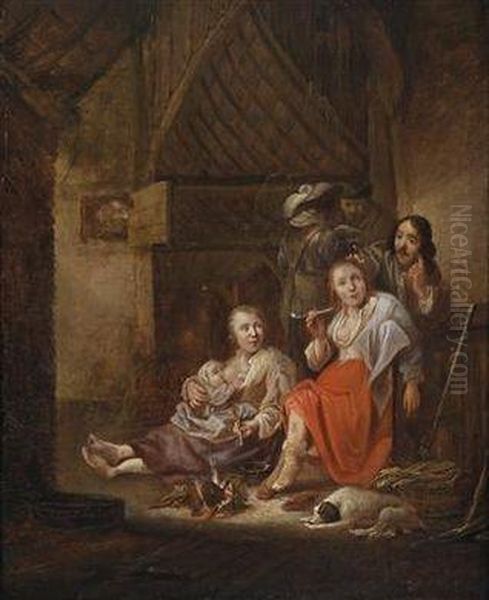 Rustic Interior With Figures Near Afireplace - view 1