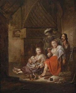 Rustic Interior With Figures Near Afireplace by Antonie Palamedesz