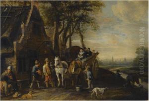 Travellers In A Horse-drawn 
Wagon And Other Figures Outside An Inn,a View Of Delft With The Oude And
 Nieuwe Kerk Beyond