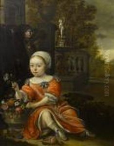 Portrait Of A Young Girl Wearing
 A Red Dressand Seated By An Urn Of Flowers In A Formal Garden