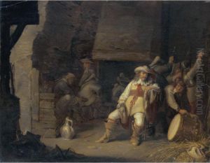 A Guardroom Interior With An Officer Smoking A Pipe Soldiers Sitting Before A Fireplace by Antonie Palamedesz