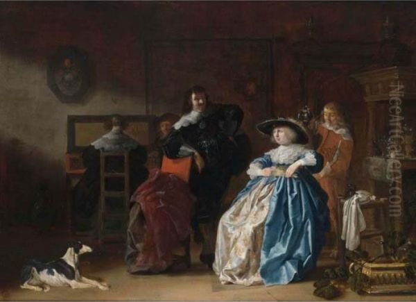 An Elegant Couple Conversing,
Another Couple At A Virginal Together With A Servant In An Interior - view 1